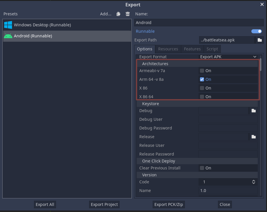 Screenshot of Godot GUI when exporting to Android. The writer indicates with a red box to "Architectures" section, only "Arm 64 -v 8a" option is checked; 3 other options are unchecked.