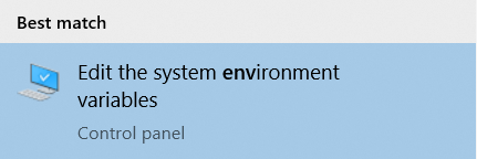Cropped screenshot of search result in Windows 10 start bar. It says: "Edit the system environment variables".