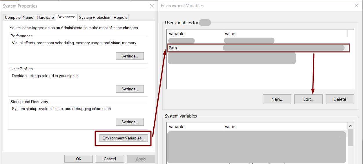 Illustrated steps to edit Environment variables in Windows.