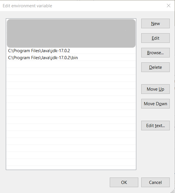 Windows 10 Environment variables edit dialog. In the last two rows of the variables, it says:
"C:\Program Files\Java\jdk-17.0.2
C:\Program Files\Java\jdk-17.0.2\bin"