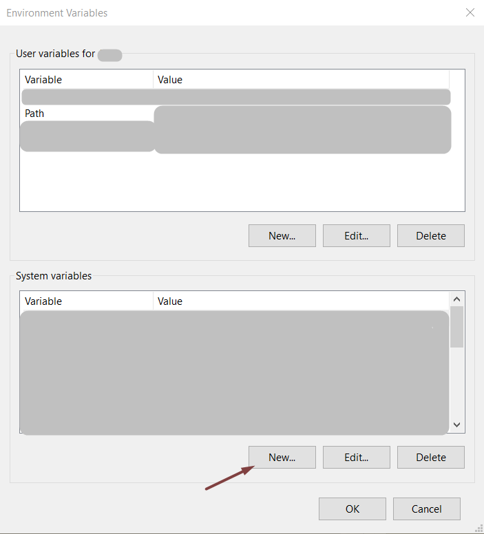 Screenshot of Windows 10 Environment variables edit dialog. There's an arrow to indicate which "New..." button to click.