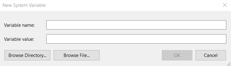 A windows dialog with 2 fields to be filled: "Variable name" and "Variable value"