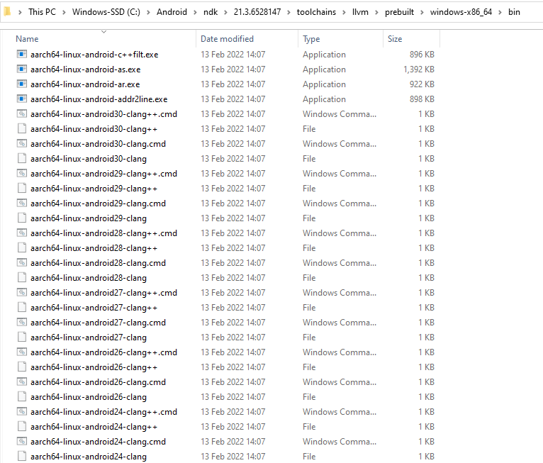 Screenshot of Windows 10 File Explorer program, opening location: C:\Android\ndk\21.3.6528147\toolchains\llvm\prebuilt\windows-x86_64\bin\ which has a lot of files.